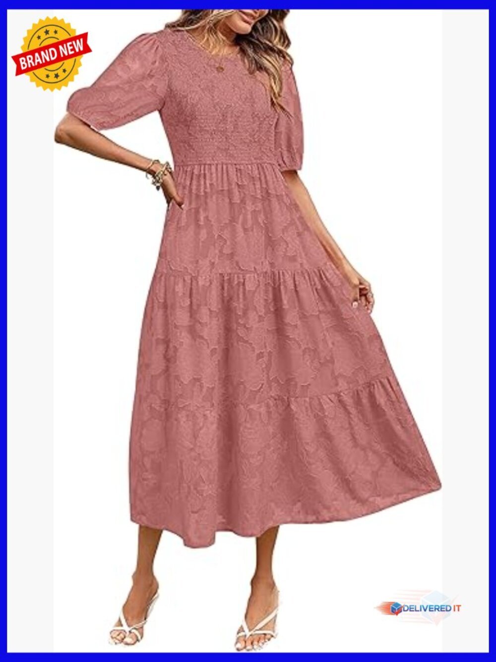 Puff Sleeve Smocked Floral Midi Dress Crewneck Lace Flowy Tiered